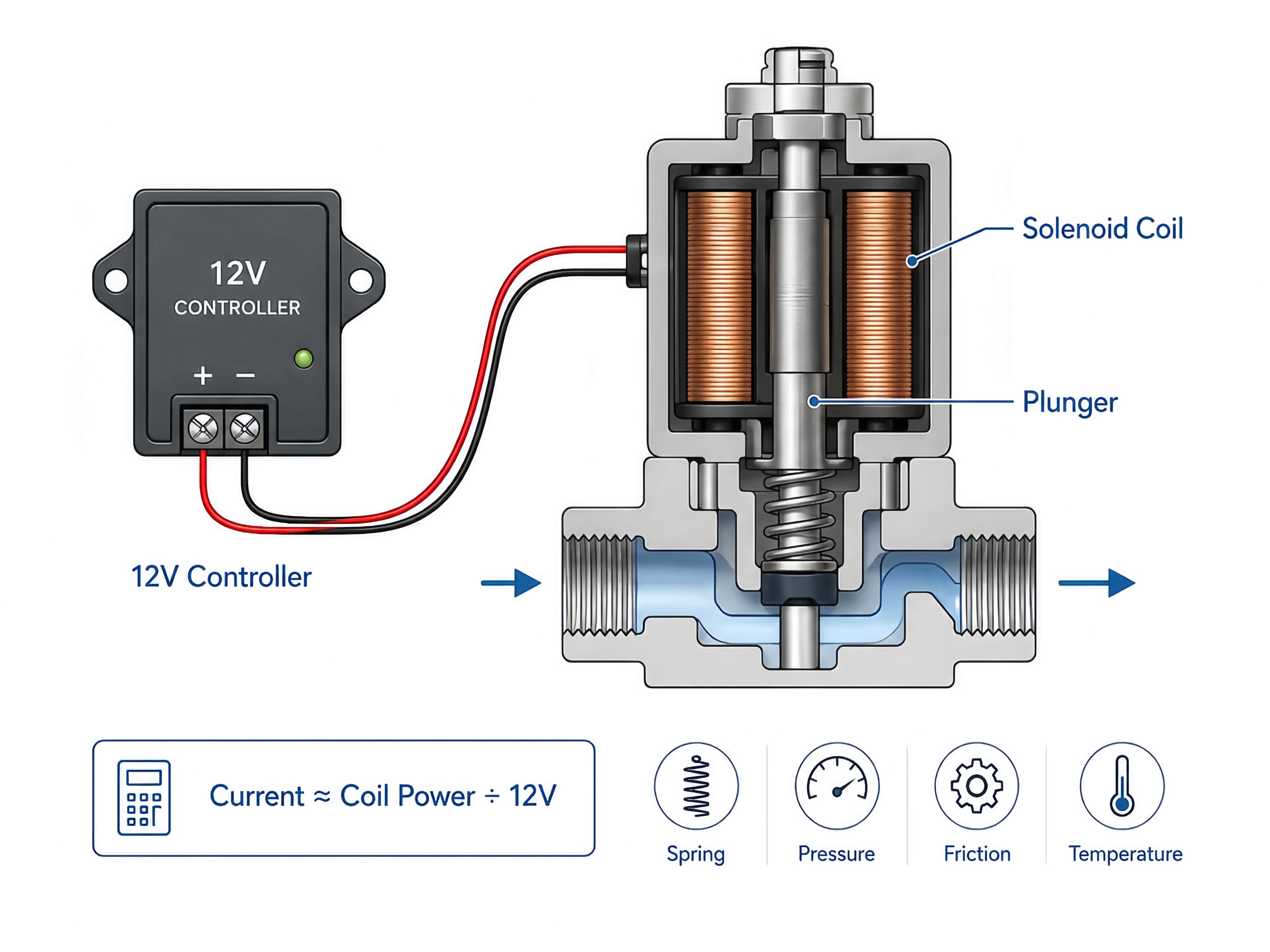 12V micro solenoid valve showing controller connection, solenoid coil, plunger and fluid flow path