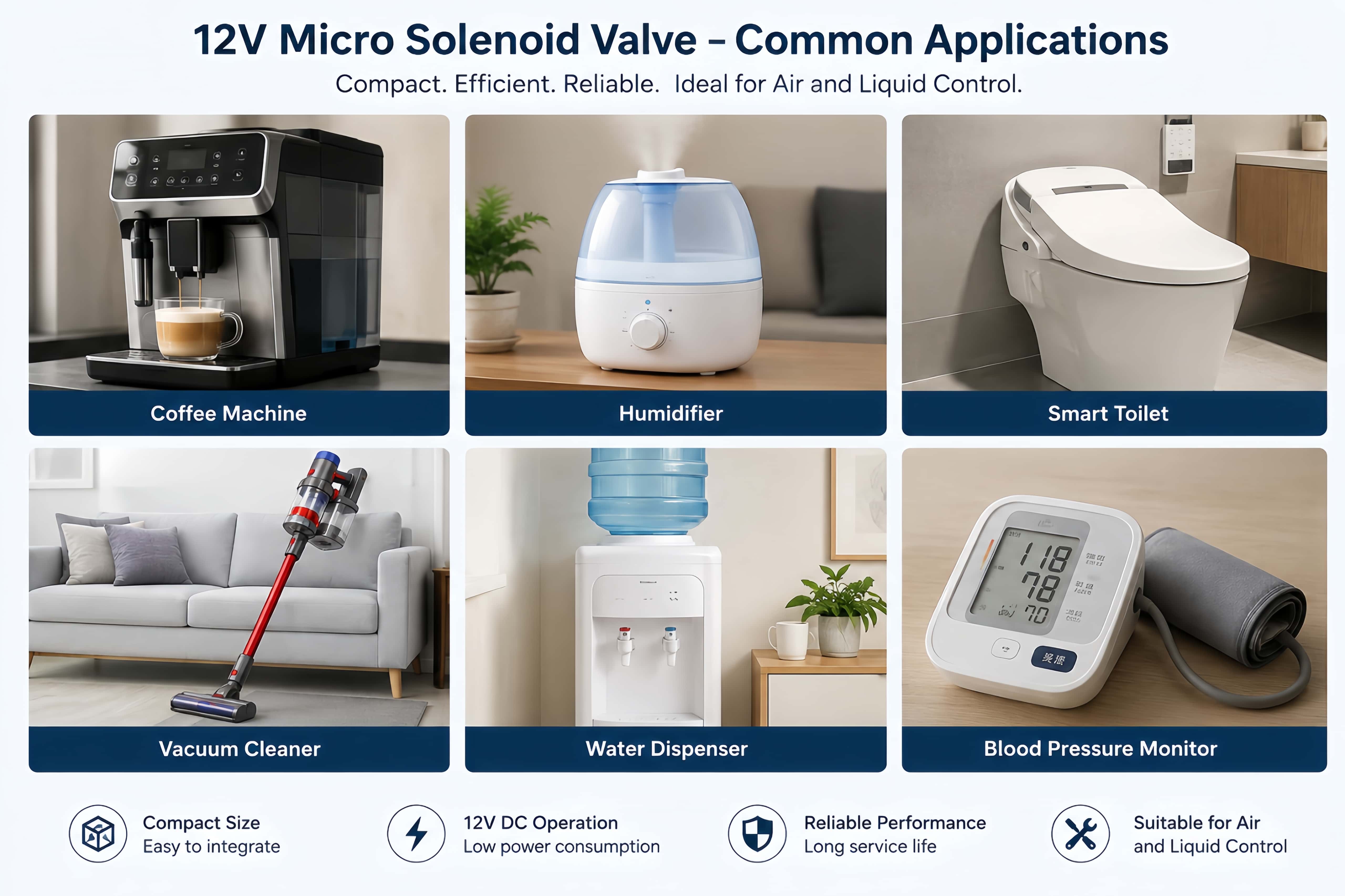 12V micro solenoid valve applications in coffee machines, humidifiers, smart toilets, vacuum cleaners, water dispensers and blood pressure monitors