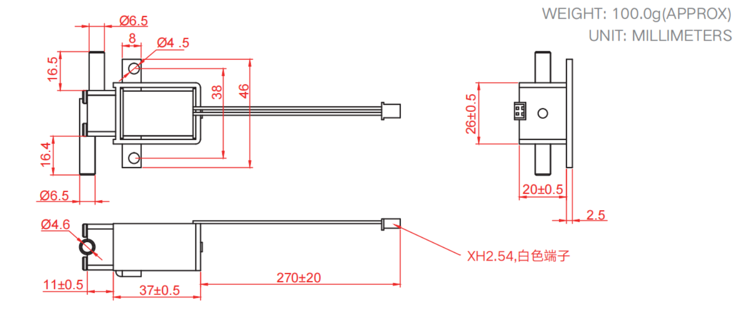 Dimensional specifications for PYF2-XG series: Body length 37±0.5mm, Air tap O.D. 6.5mm, Weight approx 100g.