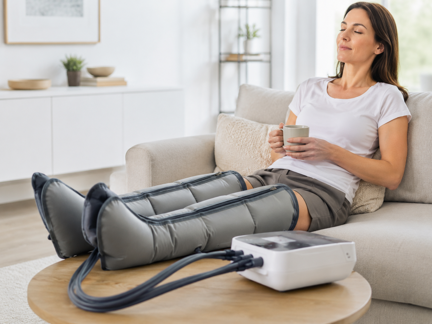 Low noise micro air pump powering pneumatic leg compression boots for home massage and recovery.