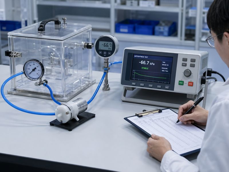 Micro vacuum pump airtightness testing with gauges and digital test equipment