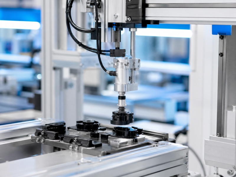 Compact automation module using a vacuum suction gripper to pick and transfer small components in a precision assembly system.