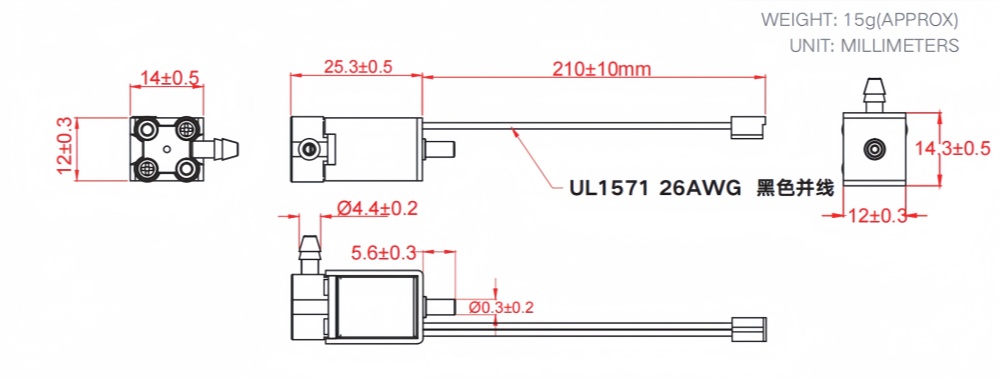 Technical dimension drawing of a miniature 3-way solenoid valve with a 25.3mm length, 12mm width, and 14.3mm height[cite: 3, 12, 19]. It features a Ø3.0mm air tap [cite: 22] and 210mm UL1571 26AWG lead wires for medical and appliance integration[cite: 13, 20].