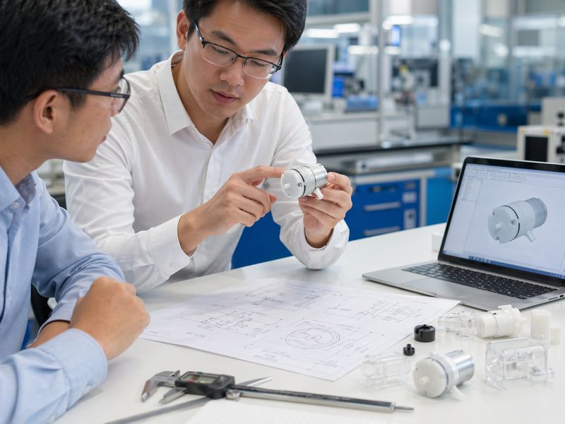 Engineer reviewing micro vacuum pump structure and nozzle direction for OEM customization