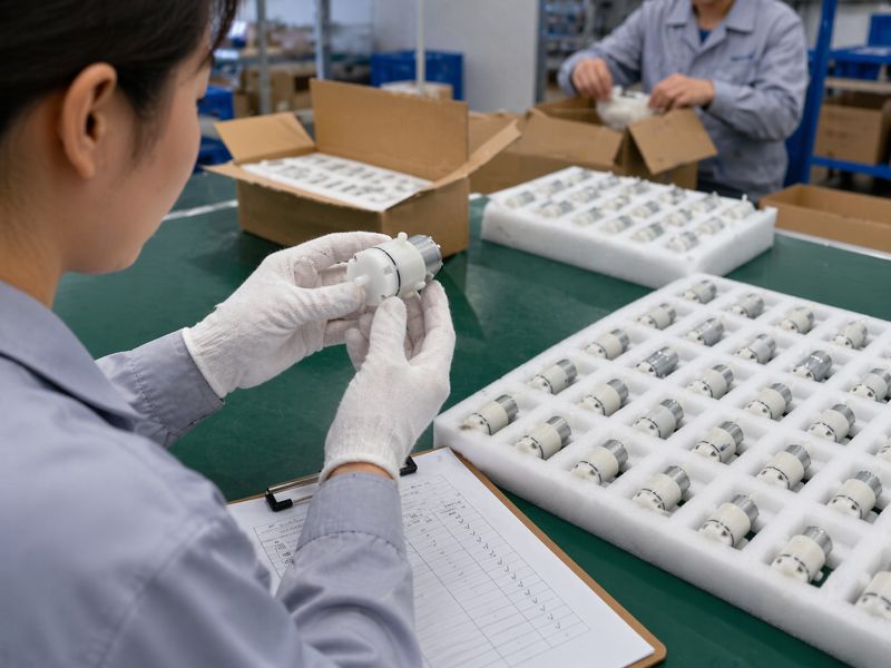 Finished micro vacuum pumps inspected and packed for OEM shipment