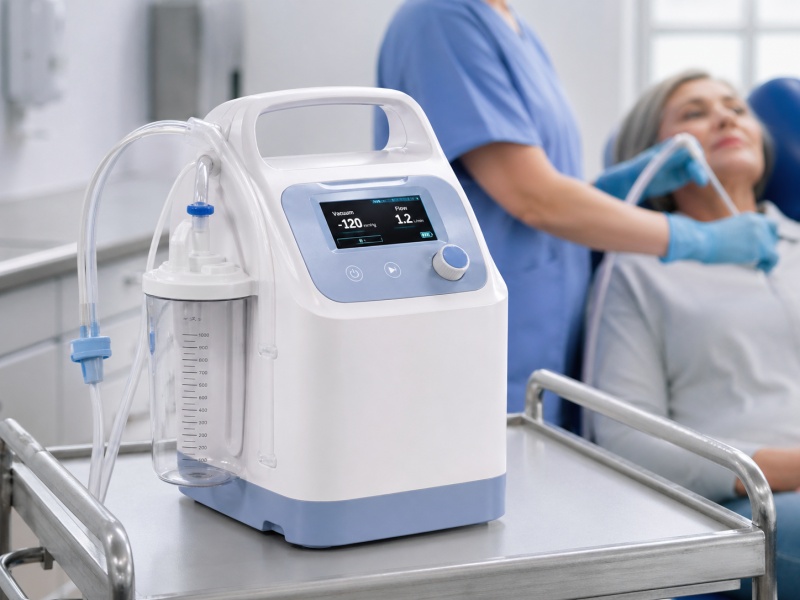 Portable medical suction device used in a clinical setting for controlled negative pressure and fluid collection.