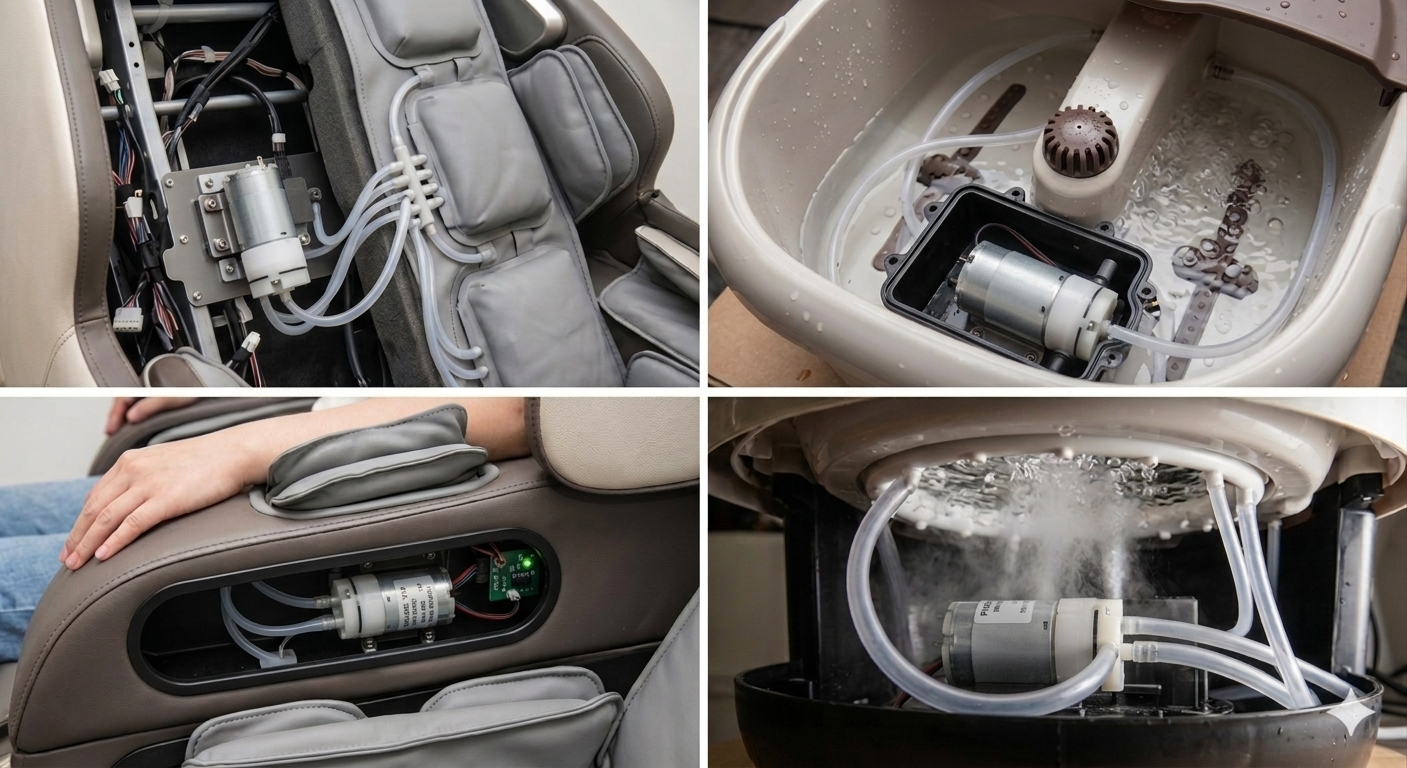 একটি প্রিমিয়াম ম্যাসাজ চেয়ারের ভিতরে ১২ ভোল্টের মিনি পাম্পের পেশাদারী ইনস্টলেশন, যেখানে এয়ারব্যাগ ইনফ্লেশন সিস্টেম এবং ওয়্যারিংয়ের সাথে এর ইন্টিগ্রেশন দেখানো হচ্ছে।