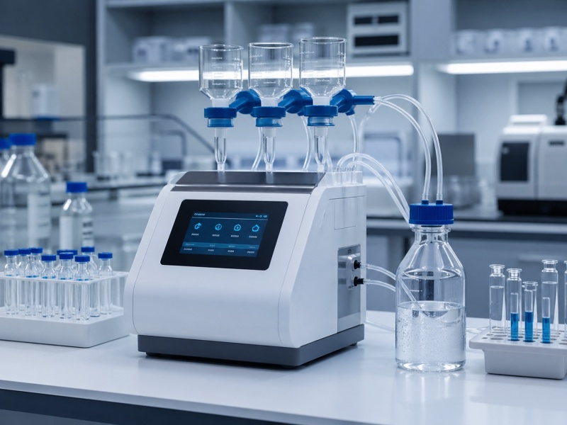 Laboratory analytical equipment with filtration funnels, sample tubes, and fluid transfer lines for sample preparation.