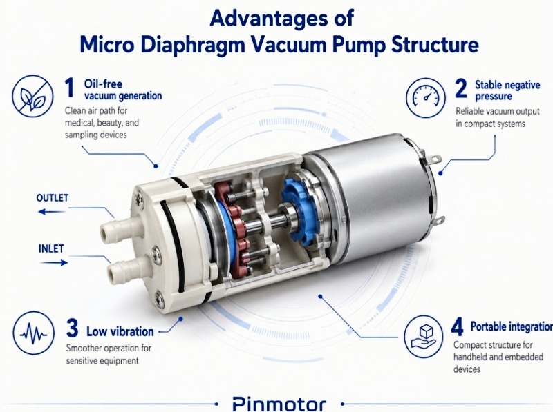 Pinmotor micro diaphragm vacuum pump structure diagram showing oil-free vacuum generation, stable negative pressure, low vibration, and portable integration advantages.