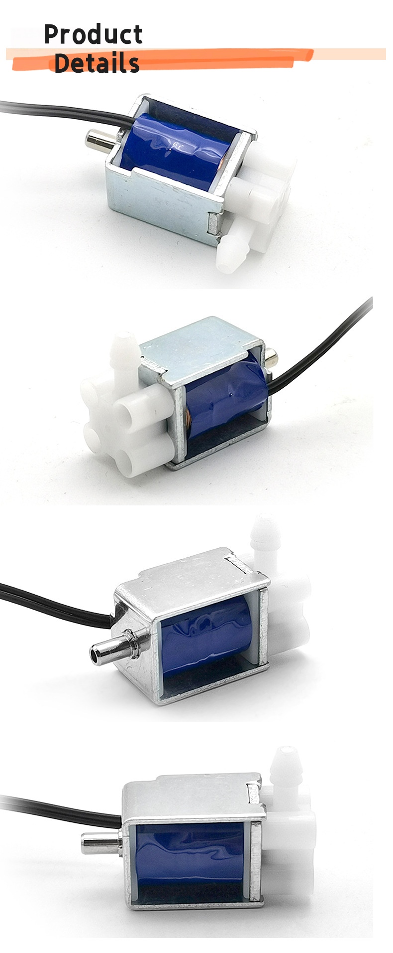 Multi-angle details of a 2-position 3-way micro solenoid valve featuring a compact metal frame, blue coil encapsulation, and Ø3.0mm plastic air taps for medical and booster technology applications.
