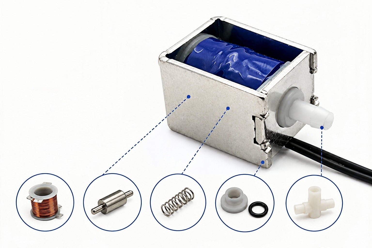 Micro air solenoid valve showing the coil, plunger, spring, sealing parts and internal air passages