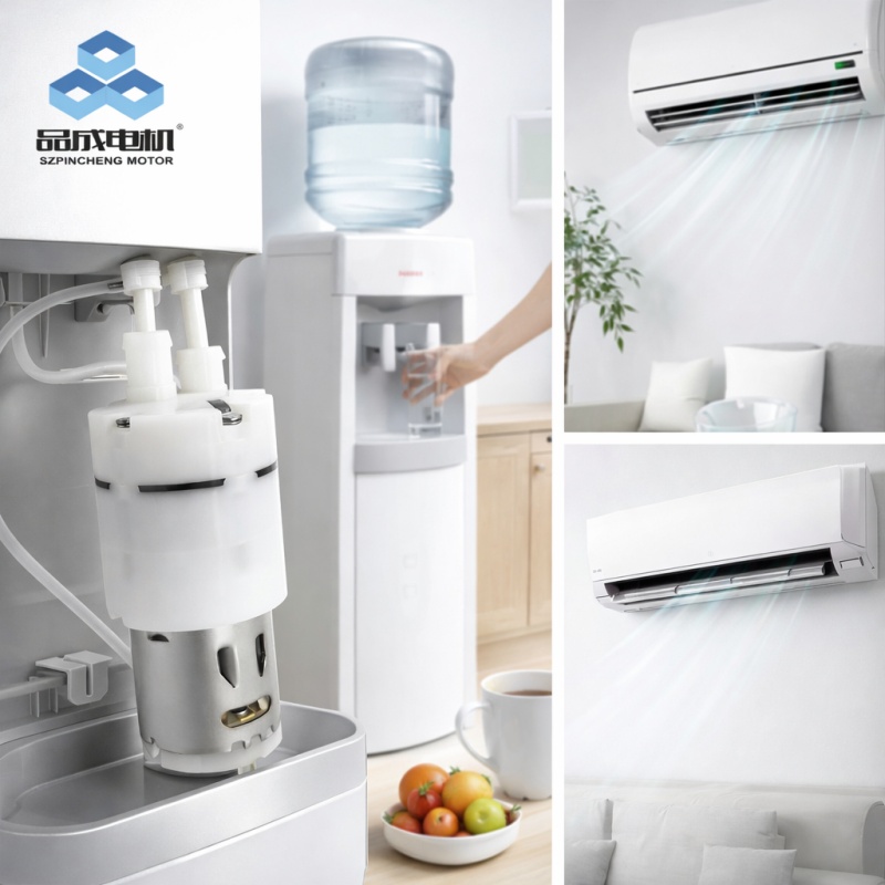 Pompa cai mikro kompak dipasang di jero dispenser cai bodas modéren, disambungkeun ku pipa bening pikeun mindahkeun cairan.