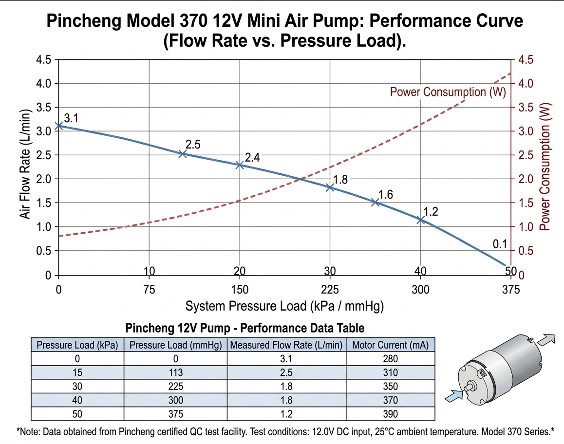 পিনচেং মডেল ৩৭০ ১২ভি মিনি এয়ার পাম্পের পারফরম্যান্স কার্ভ দেখানো টেকনিক্যাল চার্ট। গ্রাফটিতে পাওয়ার কনসাম্পশন (ওয়াট) বেঞ্চমার্ক সহ এয়ার ফ্লো রেট (লিটার/মিনিট) এবং সিস্টেম প্রেসার লোড (কিলোপ্যাসকেল/মিমিএইচজি)-এর মধ্যে সম্পর্ক প্রদর্শন করা হয়েছে। ম্যাসাজ চেয়ার এয়ারব্যাগ সিস্টেমের জন্য যাচাইকৃত ডেটা।