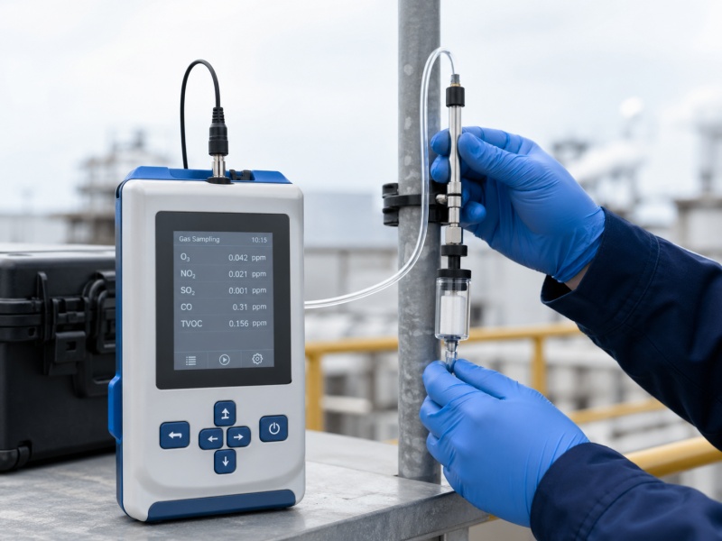 Portable gas sampling device collecting air samples through tubing and a filter probe in an industrial testing environment.