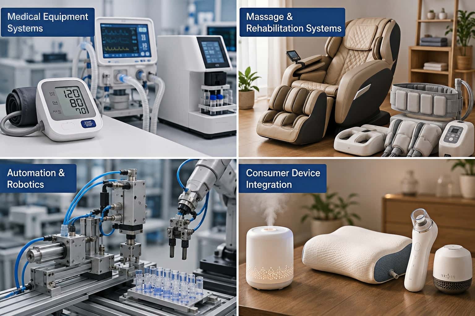 Micro air solenoid valve applications in medical equipment, massage systems, automation and consumer devices