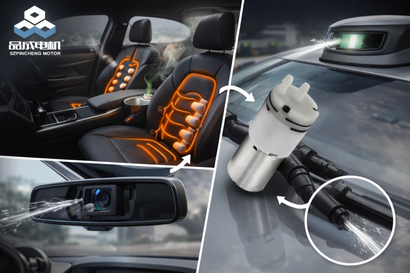 Diagram skematis Sistem Manajemen Termal Kendaraan Listrik (EV TMS), anu nunjukkeun aplikasi konci pompa cai mikro otomotif (pompa cai éléktronik) anu diproduksi ku Shenzhen Pincheng Motor dina siklus pendinginan pelat tiis batré, pemanas PTC, sareng radiator.